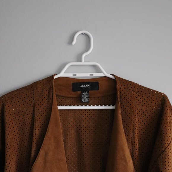 Alfani Women's Brown Sz‎ MP Brown Faux Suede Open Front Casual Eyelet Jacket - Picture 4 of 10